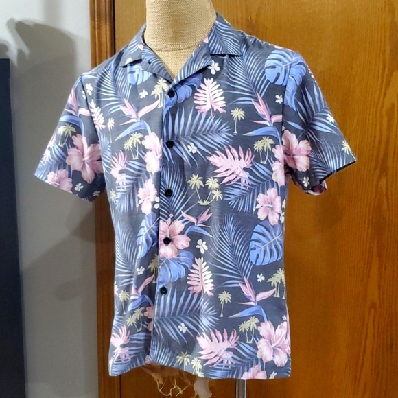 Neff summer tropical floral print pink purple on grey short sleeve - Picture 2 of 6